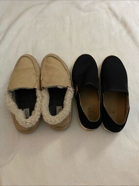 2 pairs Womens size 8 OluKai shoes. 1 pair black slip ons 1 pair tan slippers
